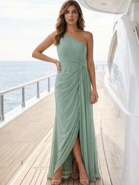 One-Shoulder Sage Green Evening Gown